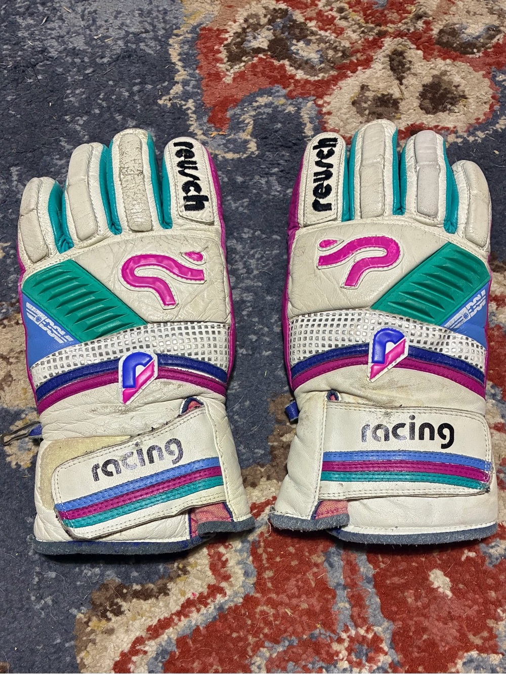 Reusch Racing Ski Gloves White Teal Pink Cowhide Leather Retro